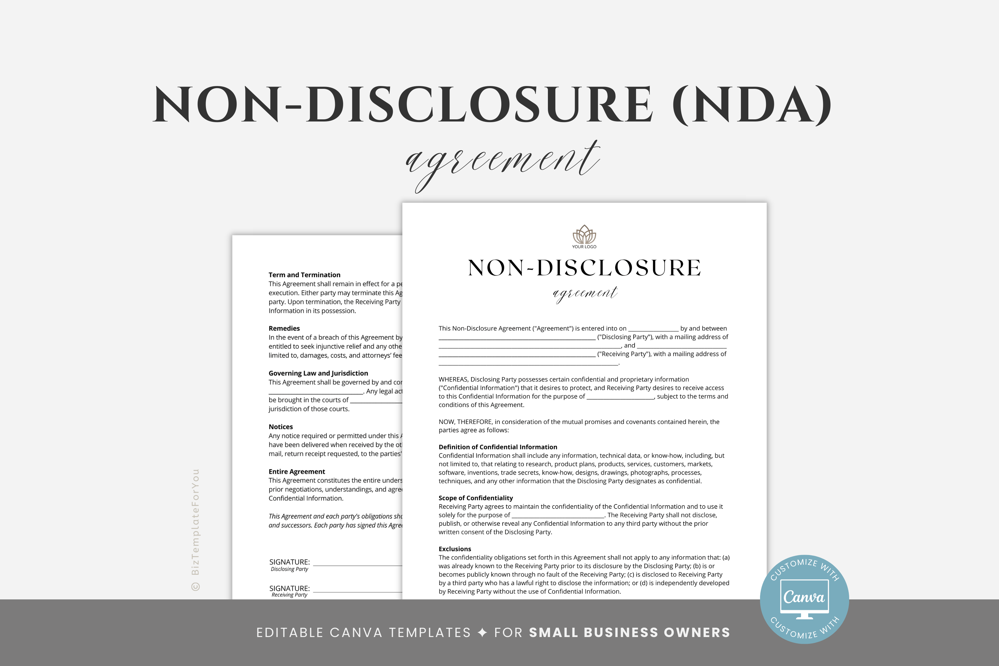 Editable Non-Disclosure Agreement Template, NDA Agreement Contract ...