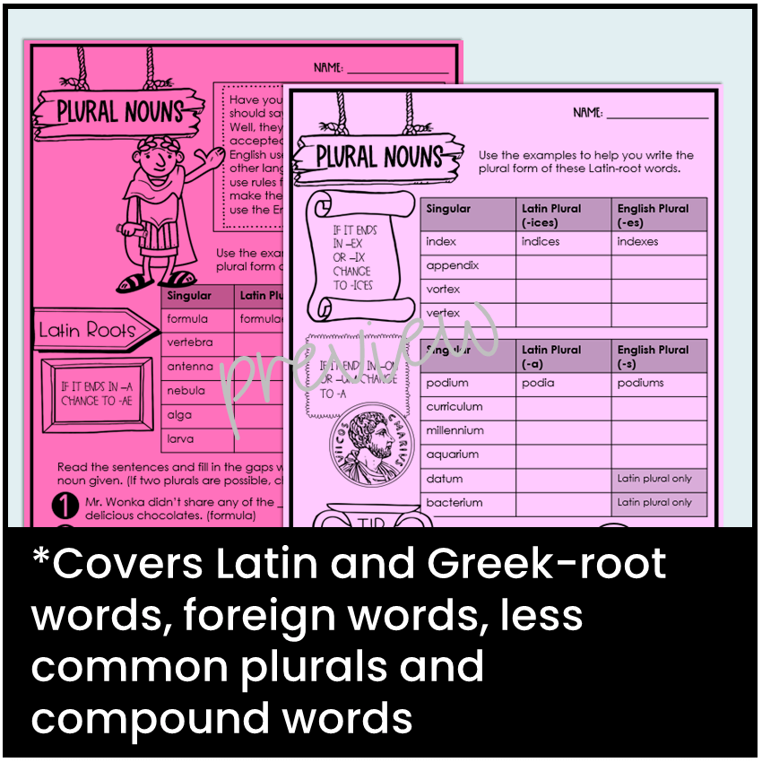 Worksheets cover Latin and Greek-root words, foreign words, less common plurals, and compound words.