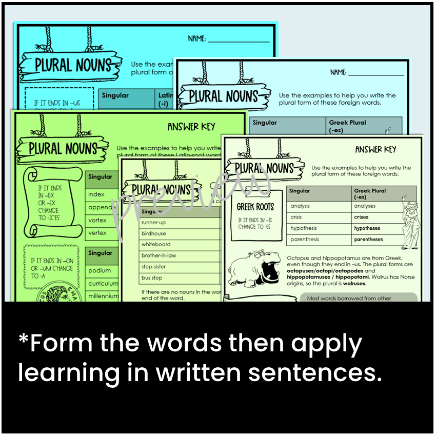 Worksheets give students the opportunity practice forming plurals and then use them in sentences.