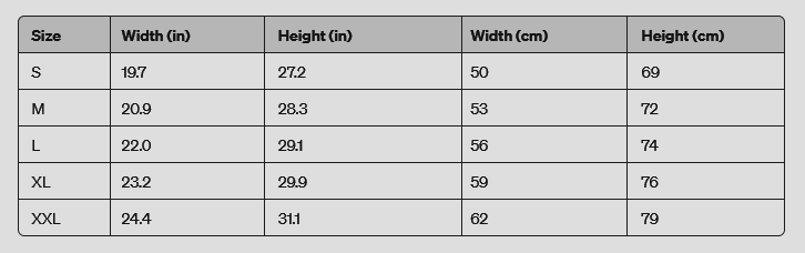 Size Chart for T-Shirts