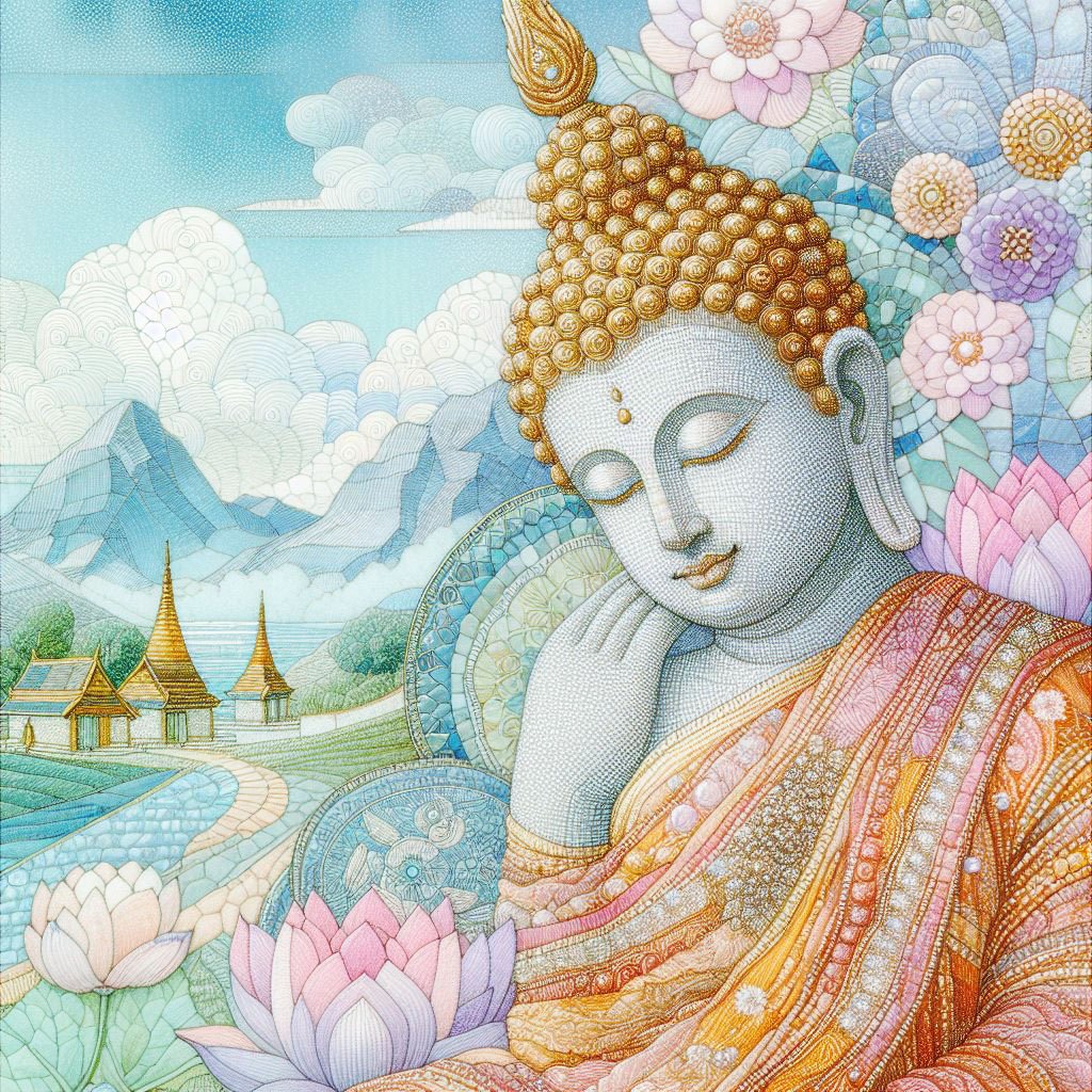 Buddha with delicate woven robes with silver & gold glittery stitching. a backdrop of a mountains & a monasteries with intricate designs. Lotus flower petals. Blue cloudy sky. pastel shades.. buddhas, lotus flowers, monasteries, mountains
