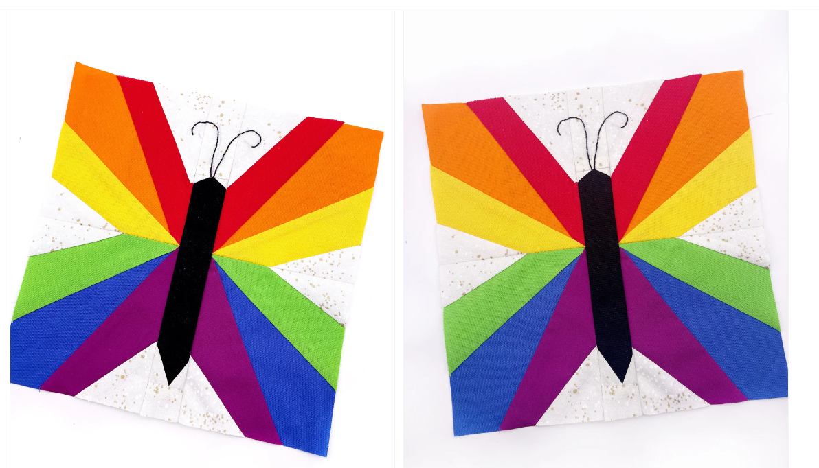 Pride Butterfly quilt block by Sarah Ashford Studio