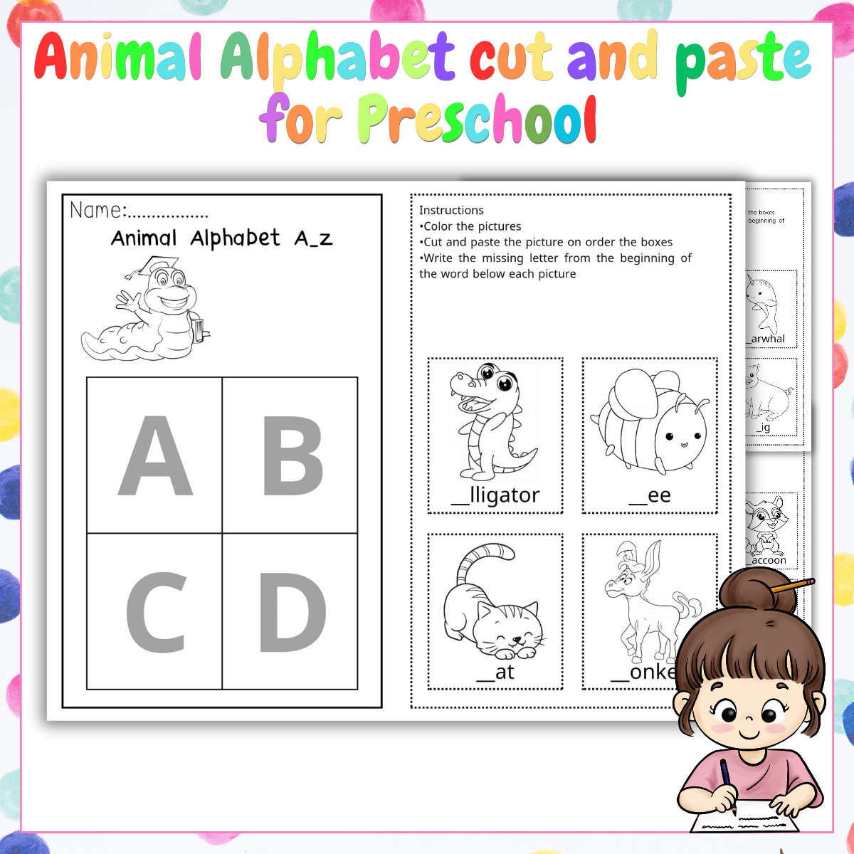 Animal Alphabet cut and paste for Preschool, Pre-K, and Kindergarten