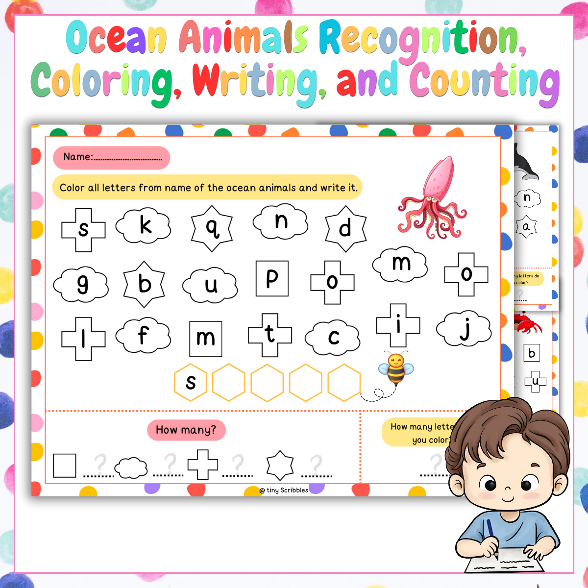 Ocean Animals Recognition, Coloring, Writing, and Counting Worksheets