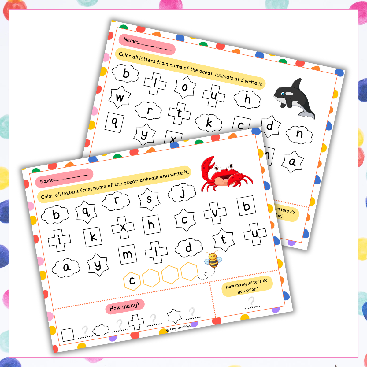 Ocean Animals Recognition, Coloring, Writing, and Counting Worksheets