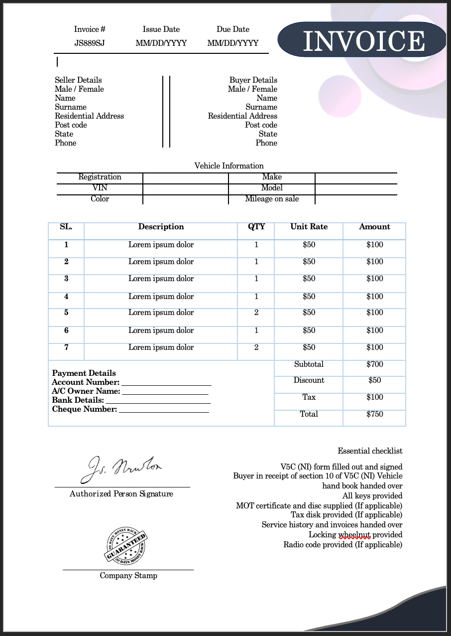 Vehicle sales Invoice Templates.docx | Softcopy®