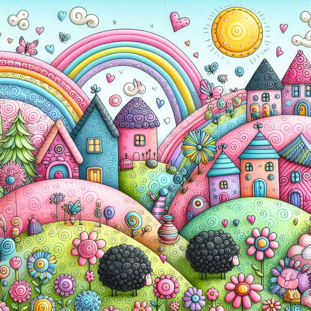 whimsical worlds, whimsical, houses, hills, trees, sheep, windmills, ponds, fantasy, wallpapers