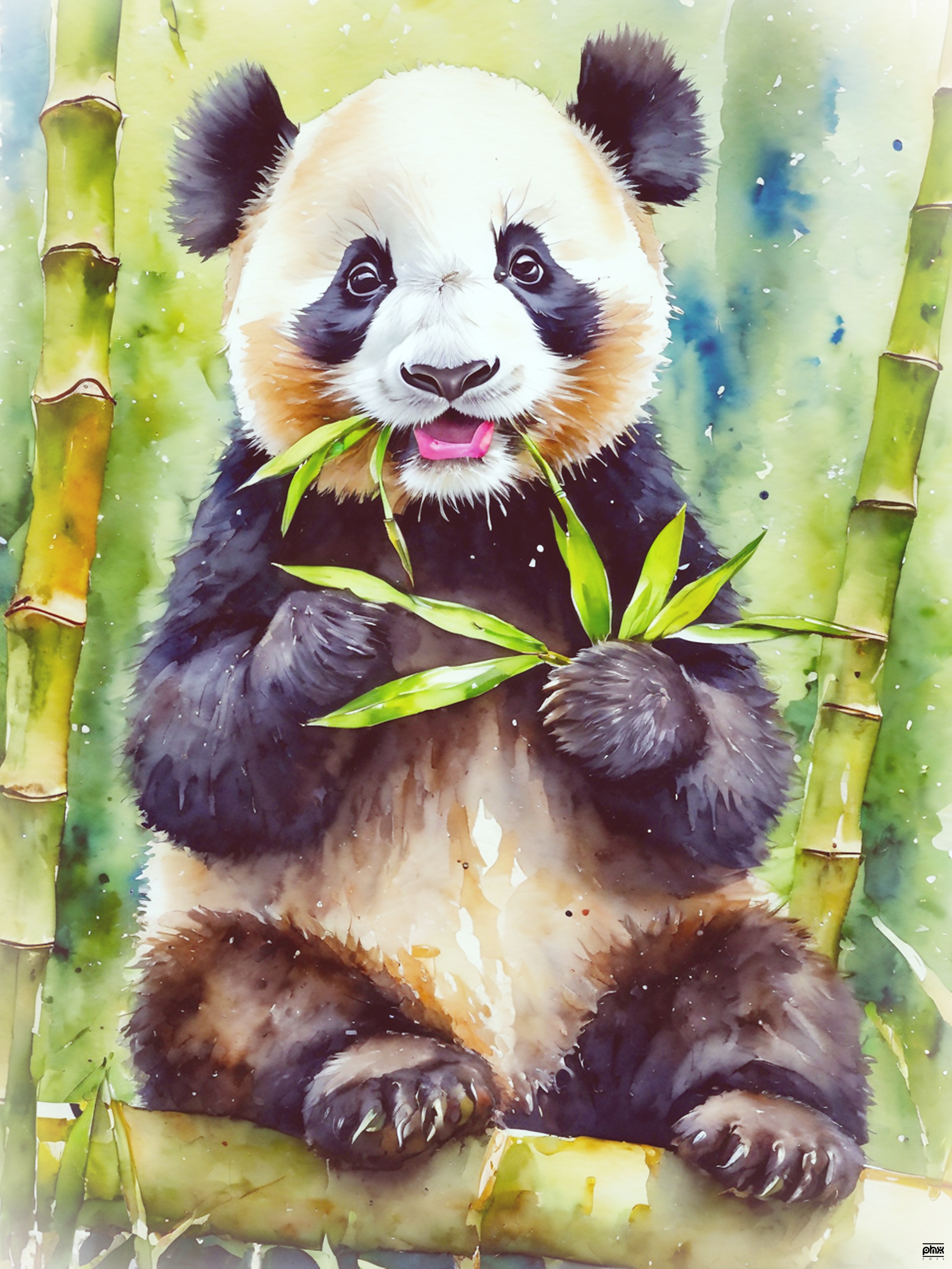 Poster en acuarela de un Panda comiendo unas hojas de Bambu