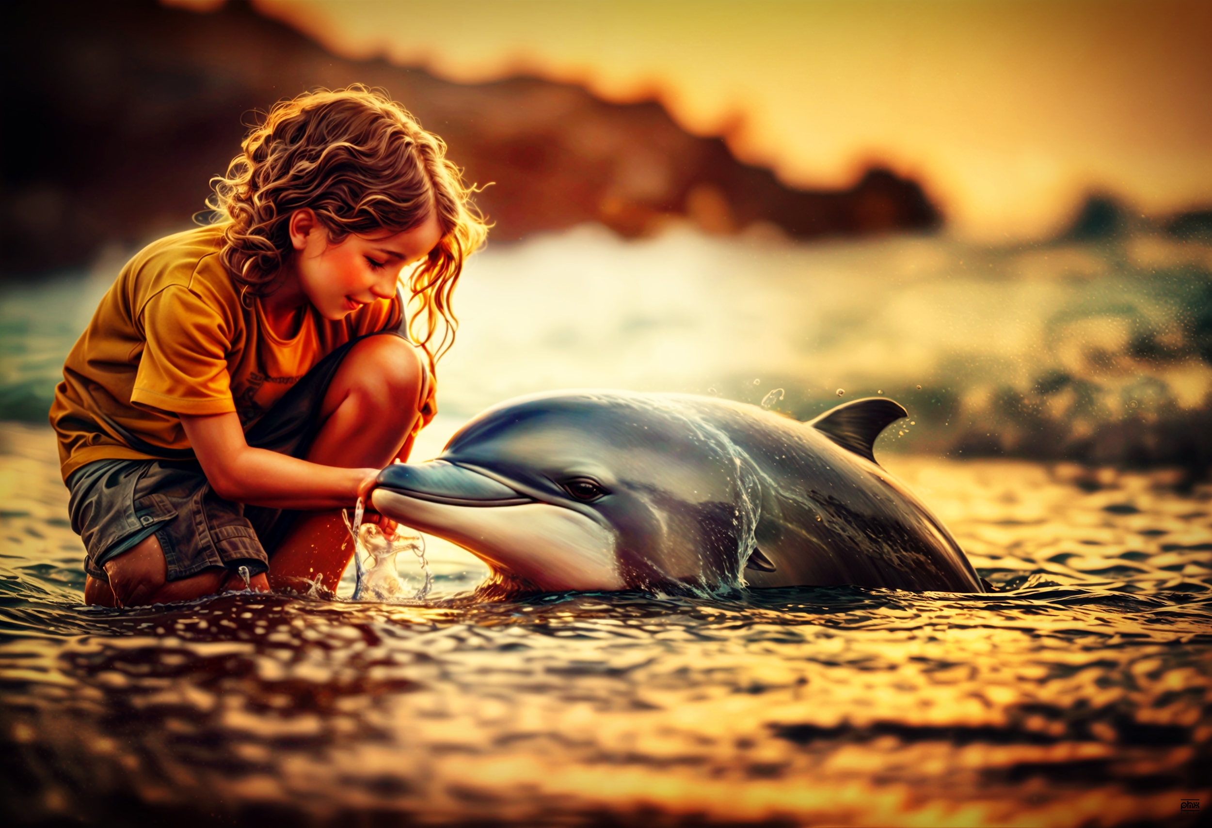 Poster de una Niña Cuidando a un Delfin Amigo