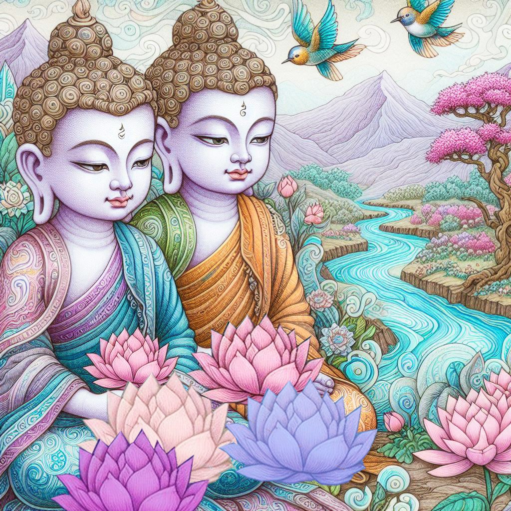 Two child buddhas with white swirly patterns, wear blue & orange robes with gold embroidered stitching They are beside a turquoise lake with lotus flowers. there are mountains, bonsai trees, & humming birds