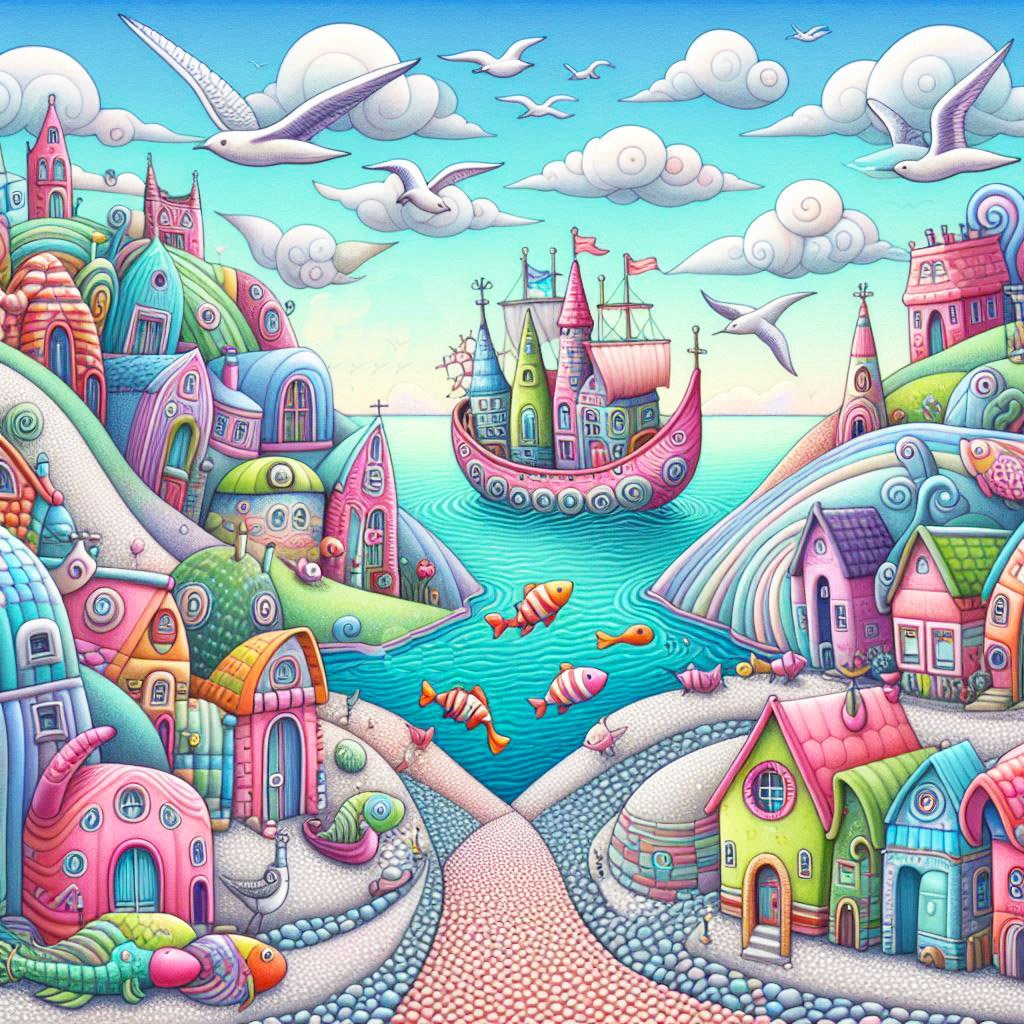 whimsical worlds, whimsical, houses, hills, trees, boats, seaside, pebbles, pier, houseboats, sea gulls, clouds, fantasy, wallpapers,