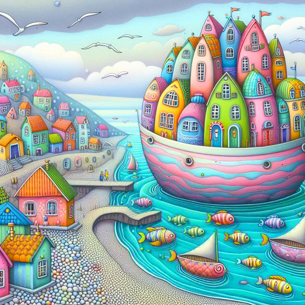 whimsical worlds, whimsical, houses, hills, trees, boats, seaside, pebbles, pier, houseboats, sea gulls, clouds, fantasy, wallpapers,