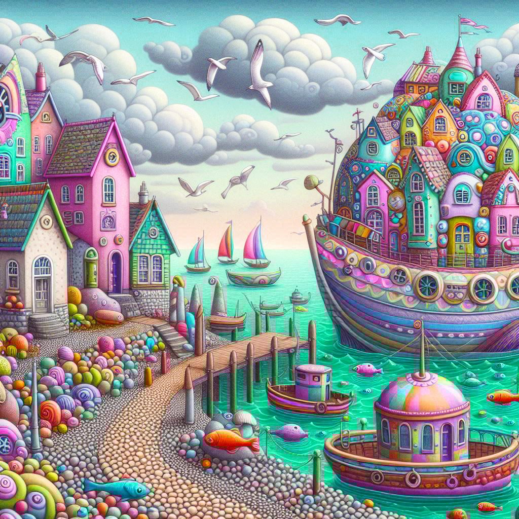 whimsical worlds, whimsical, houses, hills, trees, boats, seaside, pebbles, pier, houseboats, sea gulls,clouds, fantasy, wallpapers,