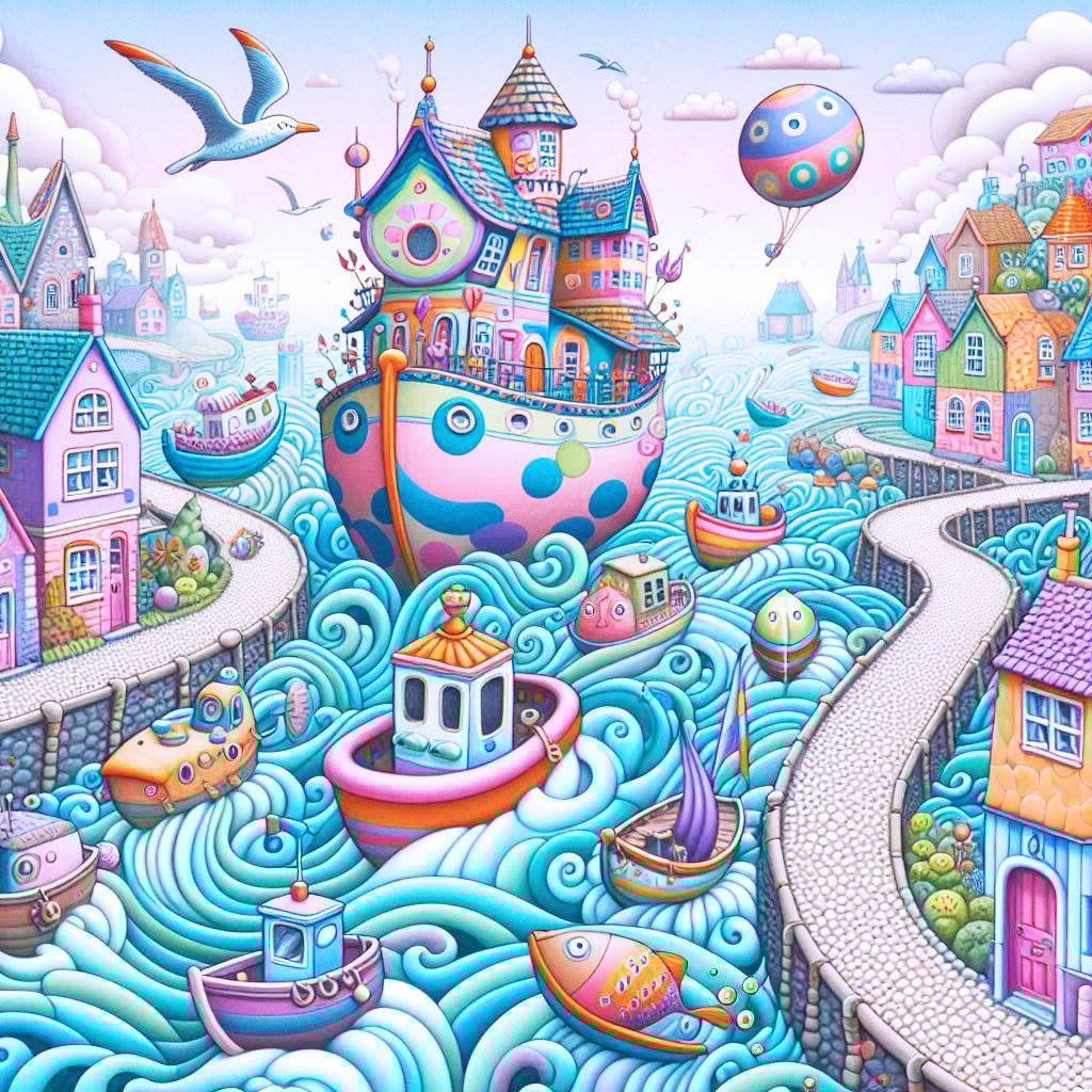 whimsical worlds, whimsical, houses, hills, trees, boats, seaside, pebbles, pier, houseboats, sea gulls, clouds, fantasy, wallpapers,
