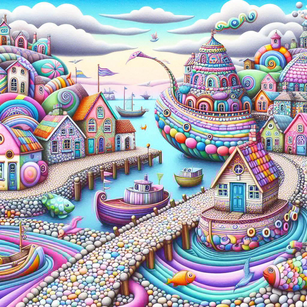 whimsical worlds, whimsical, houses, hills, trees, boats, seaside, pebbles, pier, houseboats, sea gulls, clouds, fantasy, wallpapers,