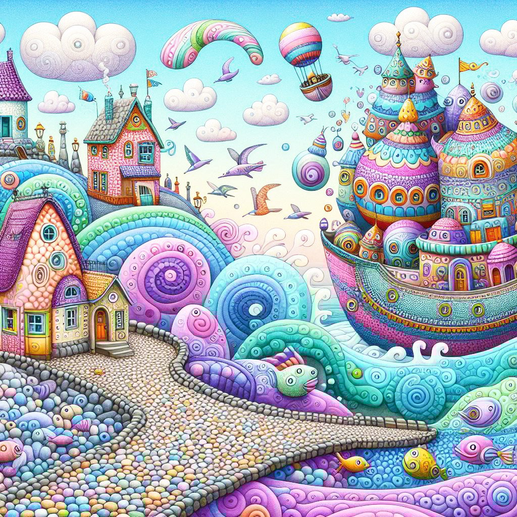 whimsical worlds, whimsical, houses, hills, trees, boats, seaside, pebbles, pier, houseboats, sea gulls, clouds, fantasy, wallpapers,