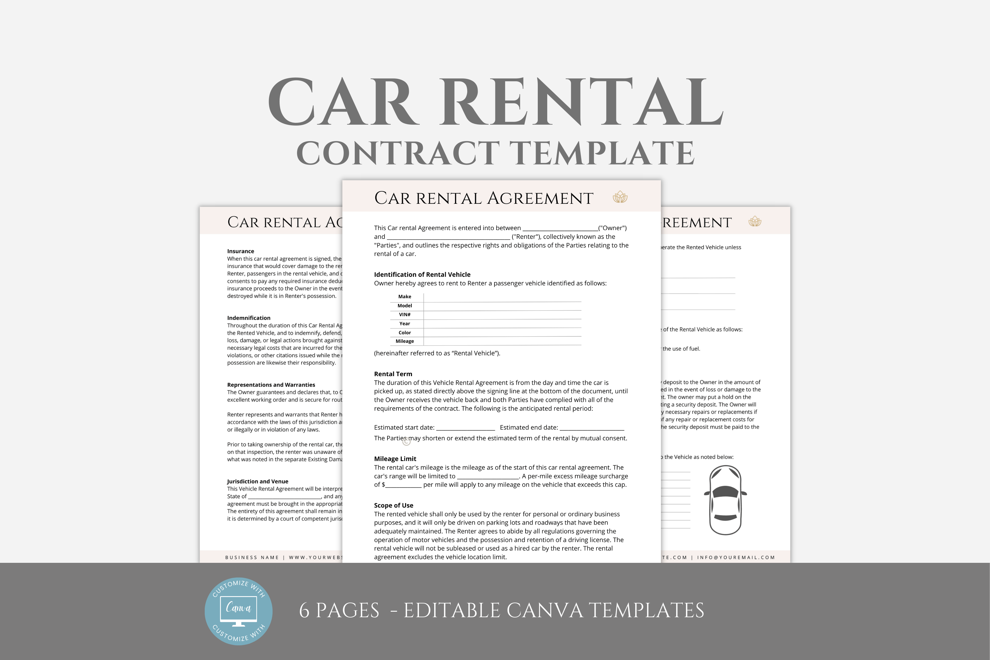 Editable Car Rental Service Agreement, Vehicle Rental Contract Template ...