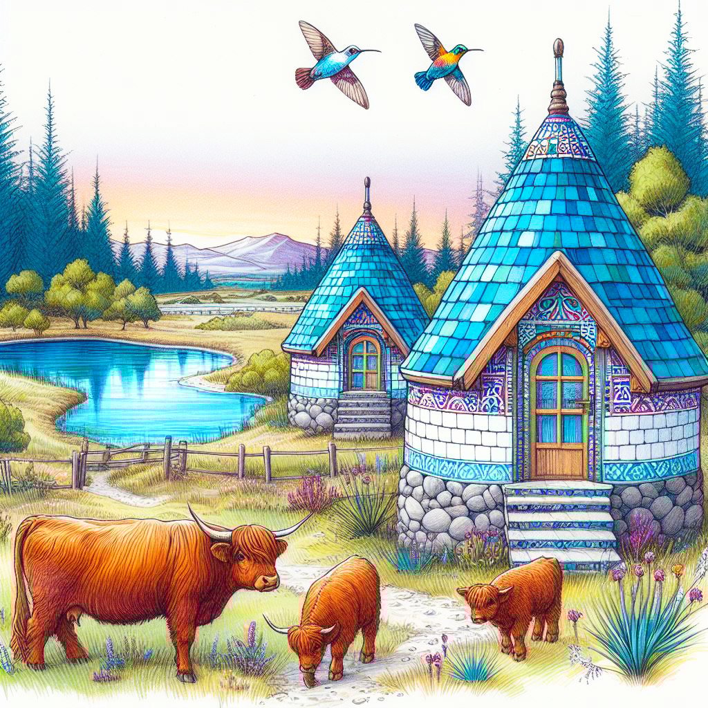 Highland cows, cows, lodges, lakes, forest, trees, animals, flowers, lakes, wallpapers