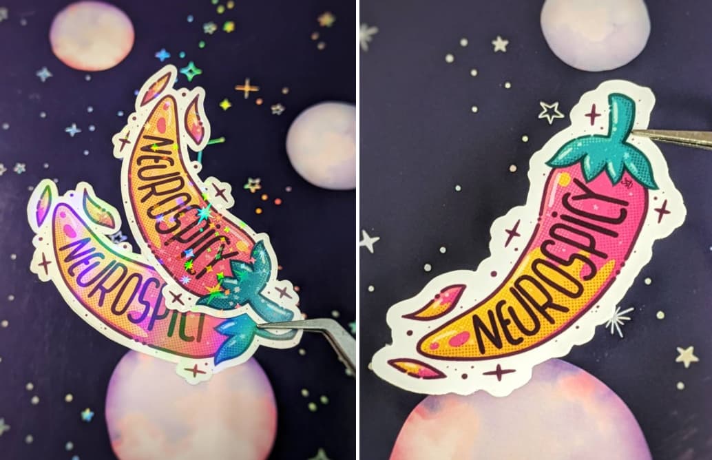 a chili pepper sticker, with "neurospicy" written on top of a flaming yellow and hot ping chili, the stars sparkling version