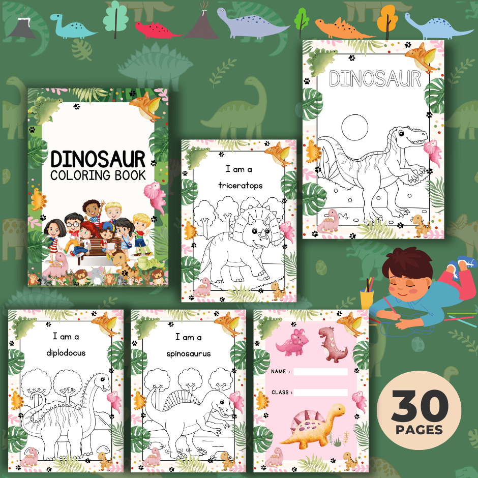 DINOSAUR COLORING PAGES, A4 SIZE, PDF FORMAT, PRINTABLE 30 PAGES