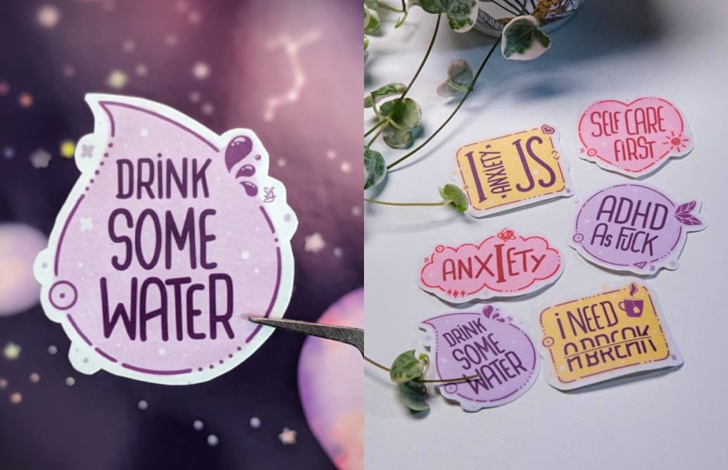 Purple drink some water sticker, shaped like a drop