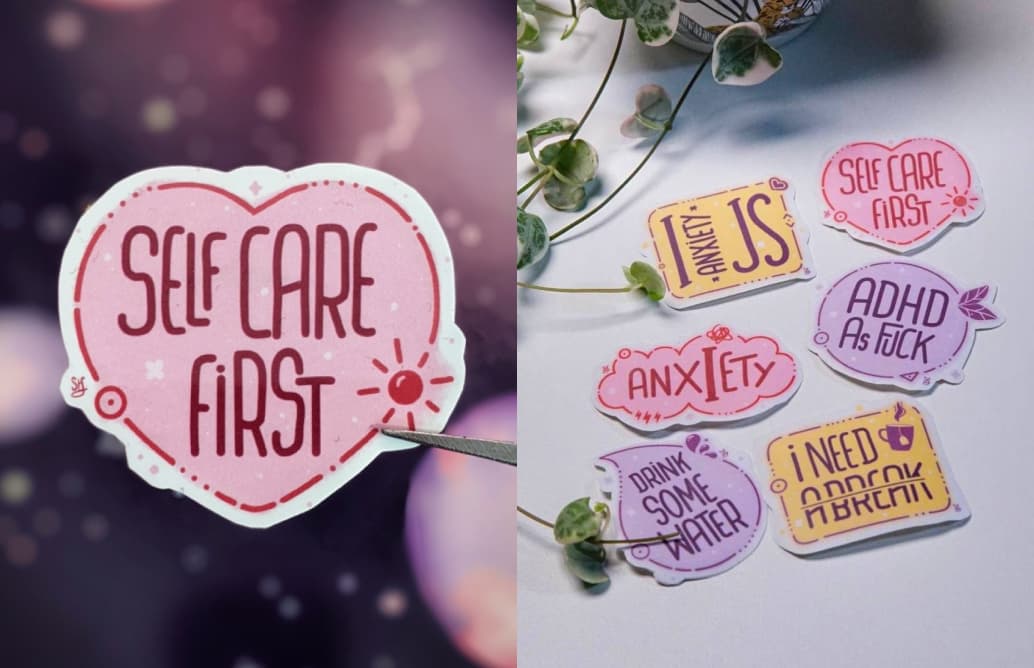 Self Care First purple sticker in a heart