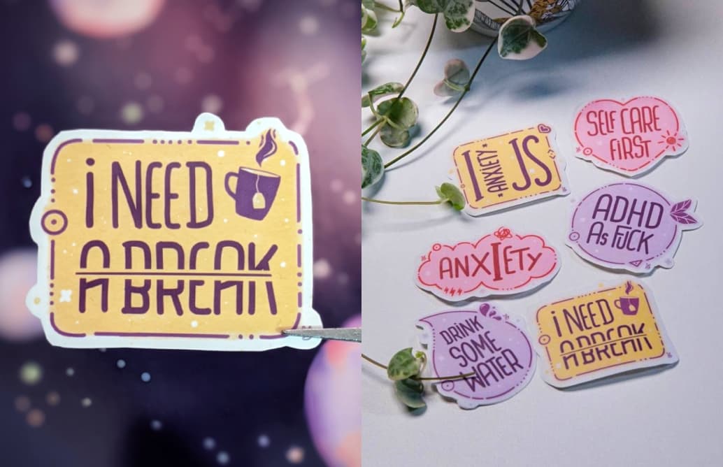 I need a break (yellow background, purple text with a small fumin cup of tea) sticker