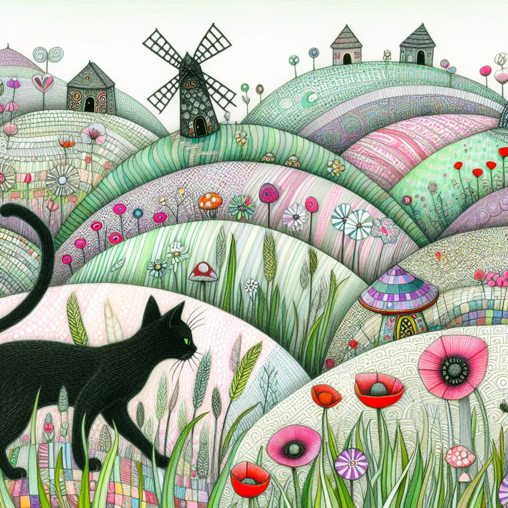 whimsical worlds, whimsical, houses, hills, trees, cats, cat, animals, poppies, sunflowers, mice, wallpapers