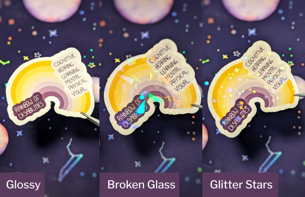 stickers in glossy, broken glass and glitter stars finish