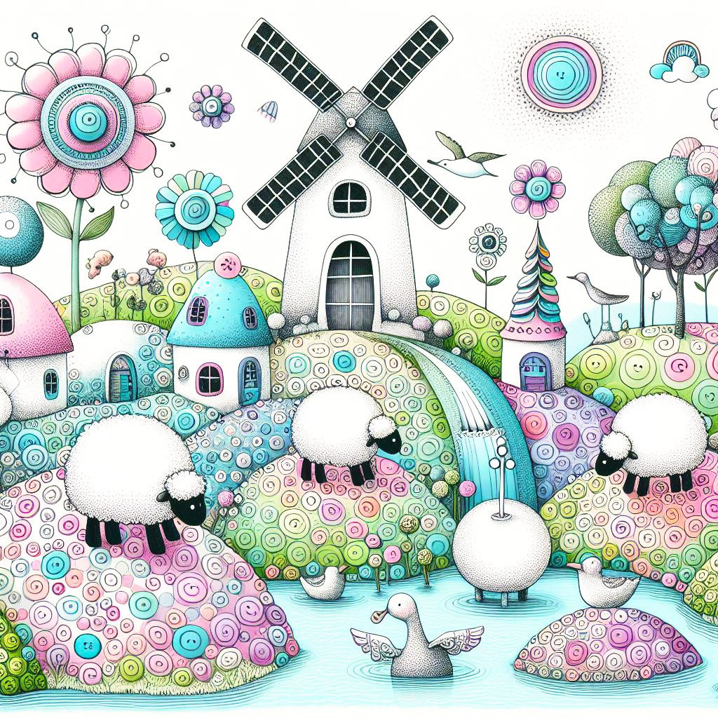 whimsical worlds, whimsical, houses, hills, trees, sheep, windmills, ponds, fantasy, wallpapers,