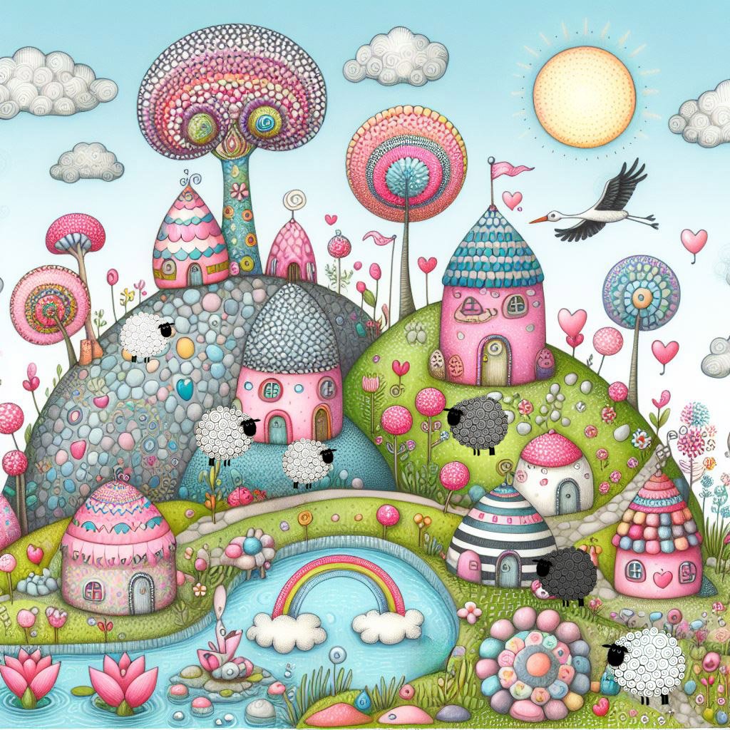 whimsical worlds, whimsical, houses, hills, trees, sheep, windmills, ponds, fantasy, wallpapers,