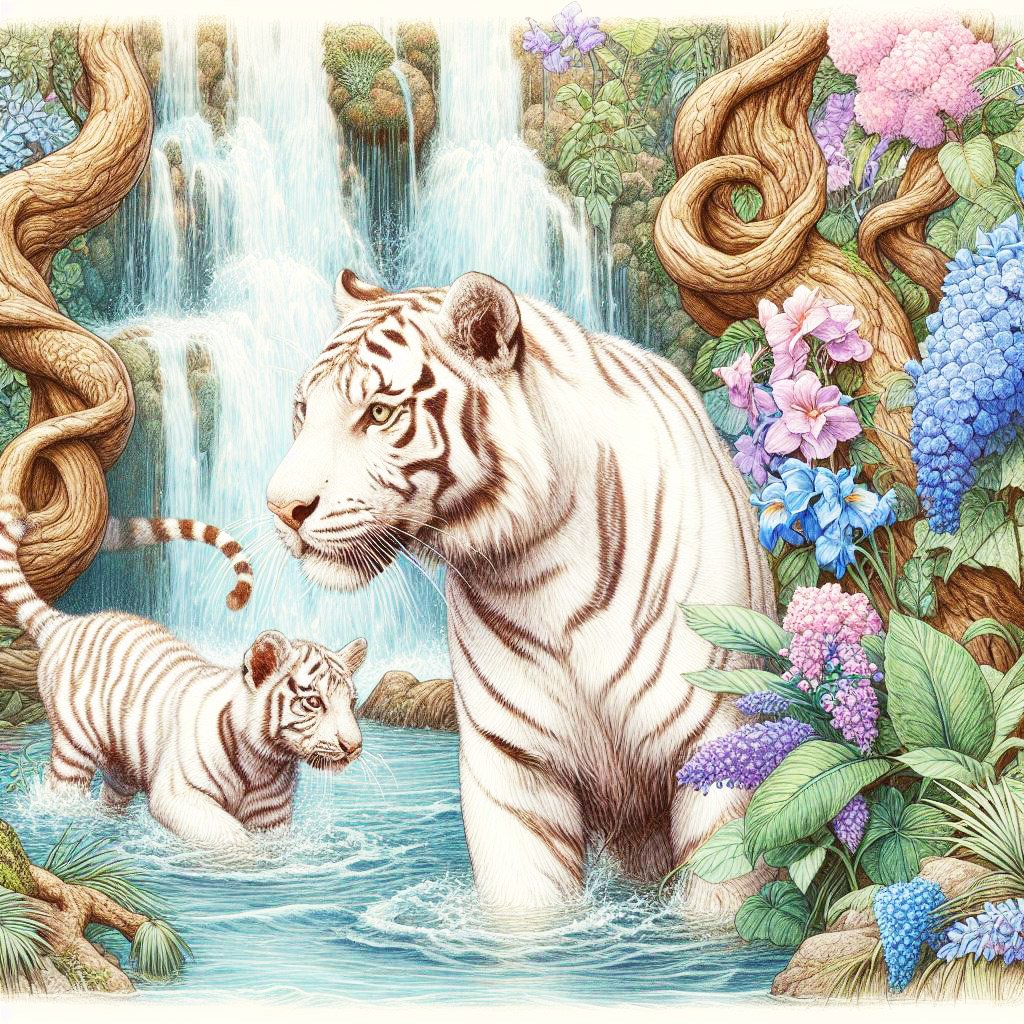 White tiger cubs wading into water. There is a waterfall behind them & there are curly twisty trees with colourful patterns & a tall colourful exotic plants & flowers.