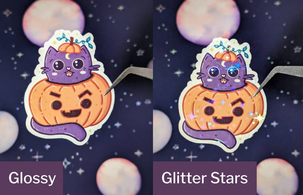 A purple cat in an orange pumpkin - glossy and glittter stars finish