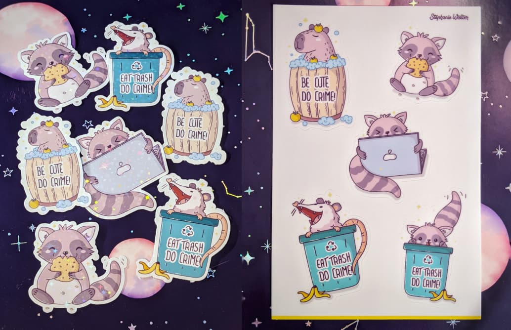 A sheet with the 5 stickers: a be cute do crime capibara in a barrel, a raccoon eating a cookie, a raccoon behind a computer, a raccoon in a trash bin that says eat trash do crime, an opossum in a trash bin saying eat trash do crime