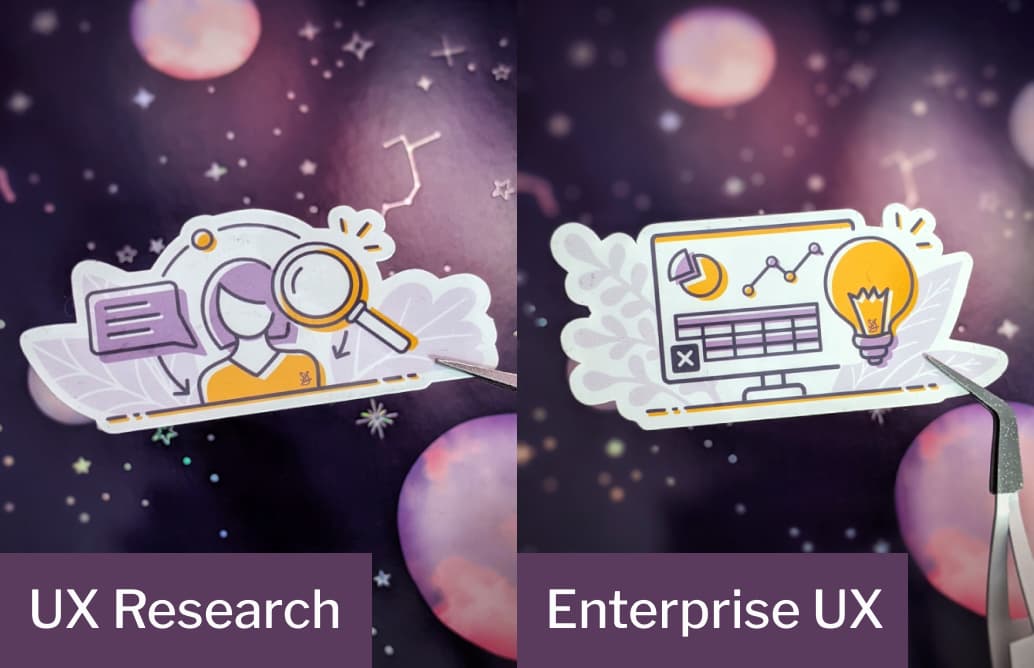 a lady with a speech bubble and a magnifiying gass (UX research), a dashboard with graphs and a bubble in front of it  (enterprise UX)