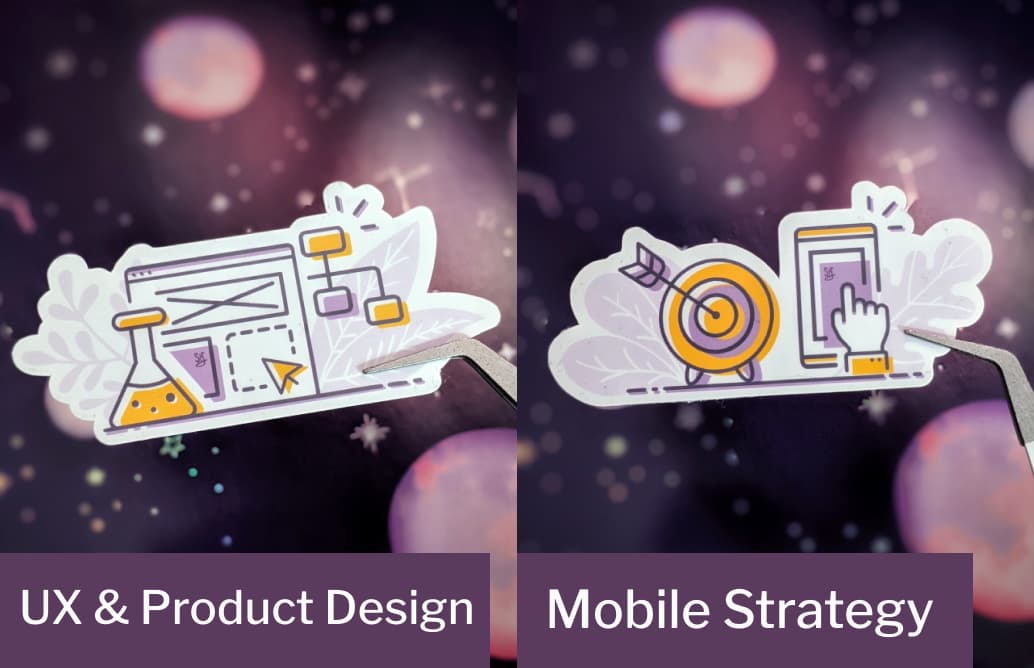 a flask, a wireframe of a website and a tree view (UX and product design) and a target with an arrow in it, a phone with a finger (mobile strategy)