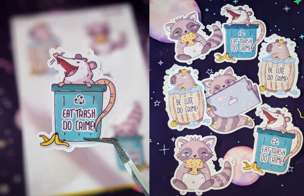 Sticker of a mischievous opossum sitting in a blue trash can with the words “EAT TRASH DO CRIME!” written in bold text. The opossum has a wide grin, showing its excitement for snacking on trash. A couple of banana peels rest next to it, adding to the chao