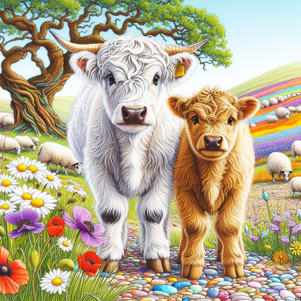White & brown highland cow & calf standing on a hill with daisies, & poppies. There are twisty old oak trees. There are hills brightly coloured in the distance & a wishing well made of mosaic tiles. There is a path made of colourful pebbles behind them.