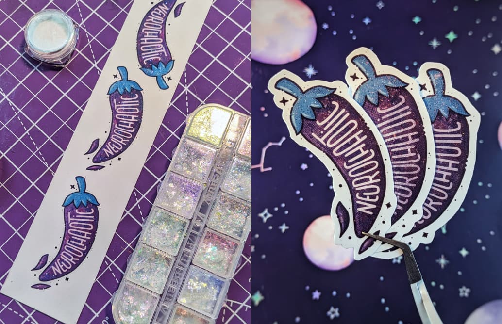 Uncut stickers with mica powder and 3 stickers together