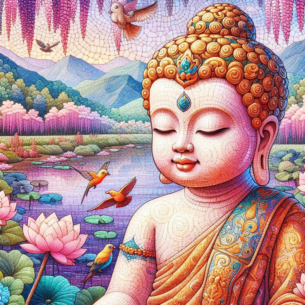 A beautiful child Buddha beside a purple lake with humming birds, trees, lotus flowers & mountains. This picture has a Mosaic effect.