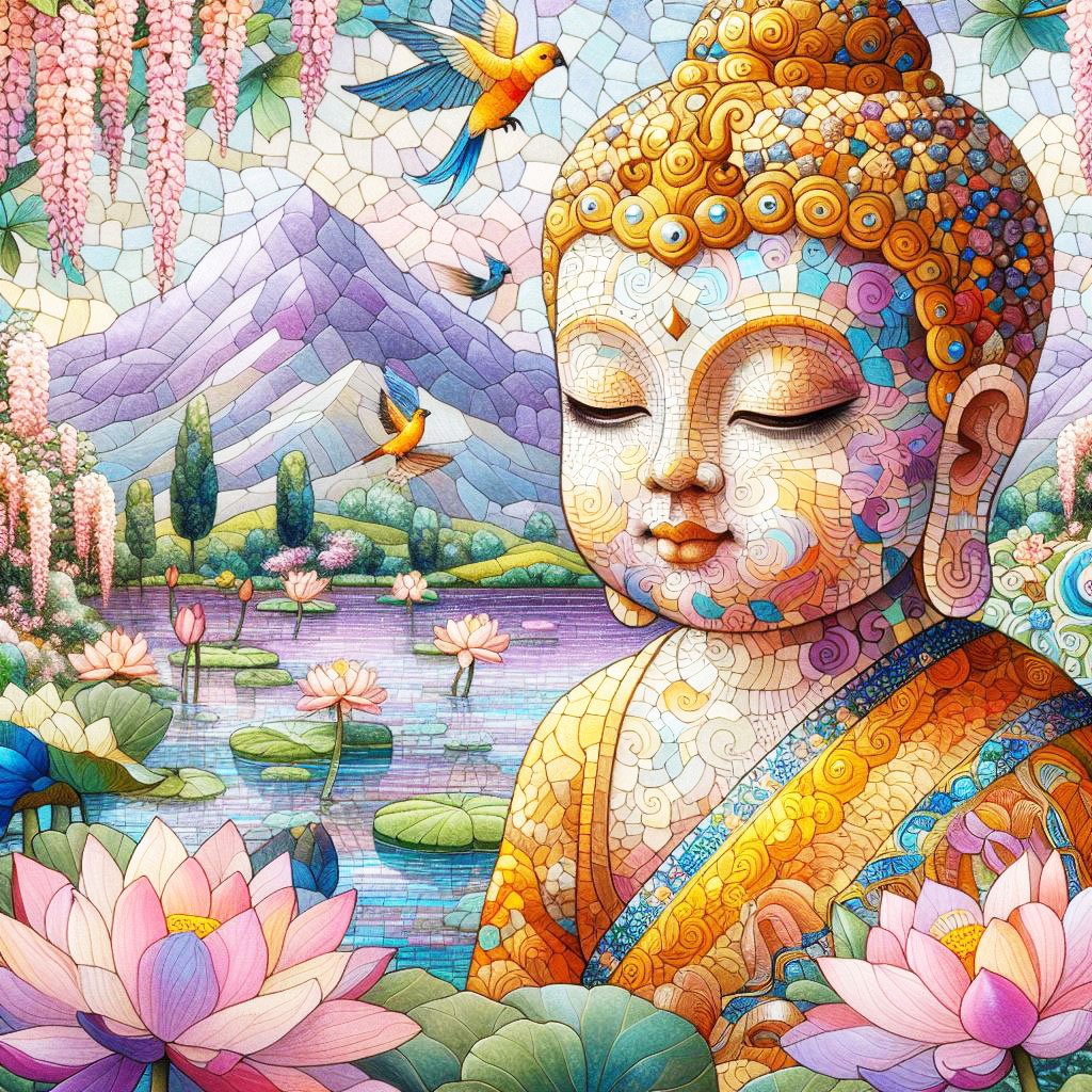 .A beautiful child Buddha beside a purple lake with humming birds, trees, lotus flowers & mountains. This picture has a Mosaic effect.