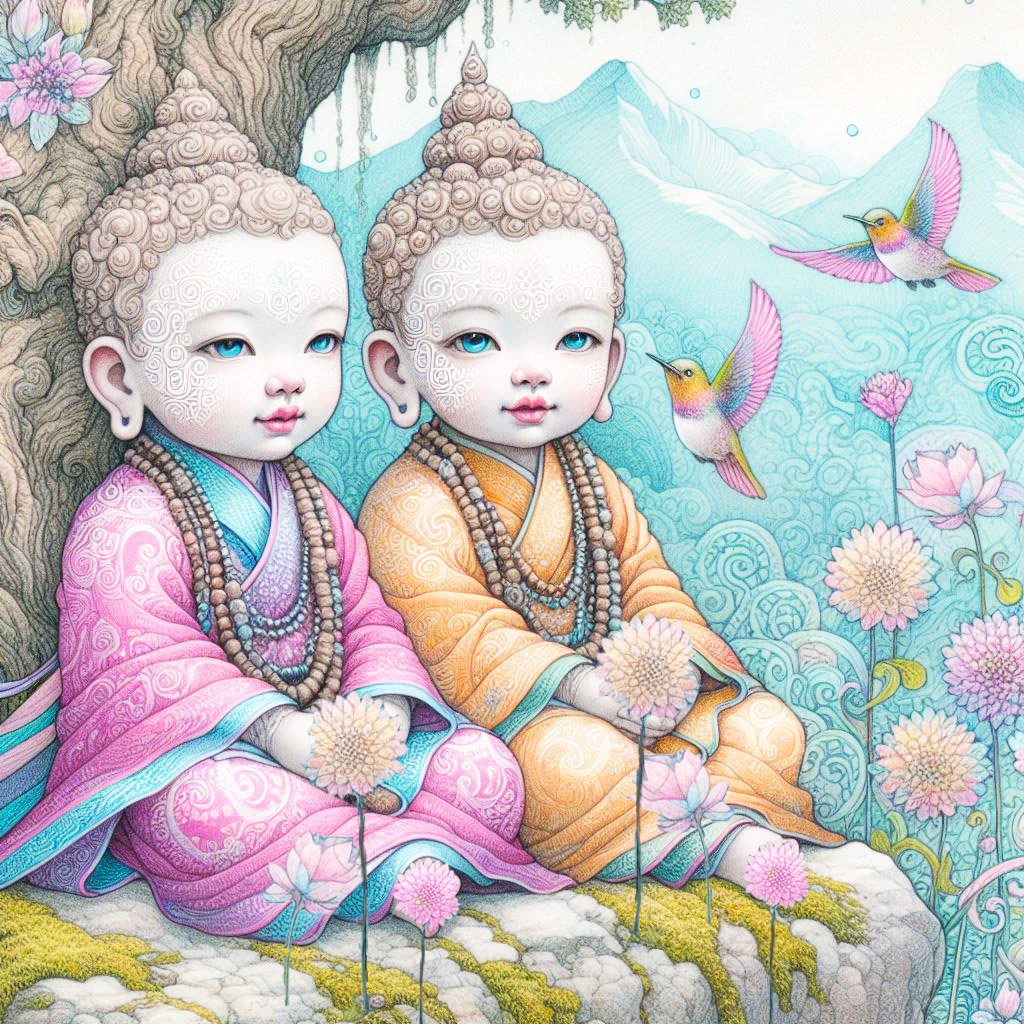 Two young Buddhas beside a curly twisted oak tree with humming birds, flowers & mountains.