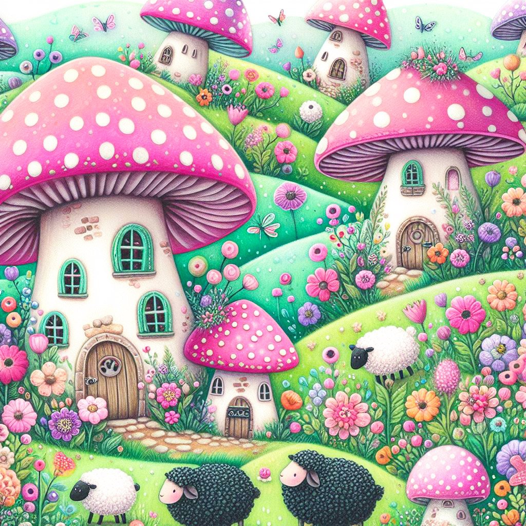 A whimsical world of colourful mushroom houses, green hills, flowers & sheep.