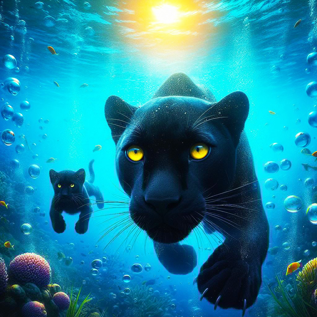 Close up underwater black panther & cub with fish, seaweed & coral.