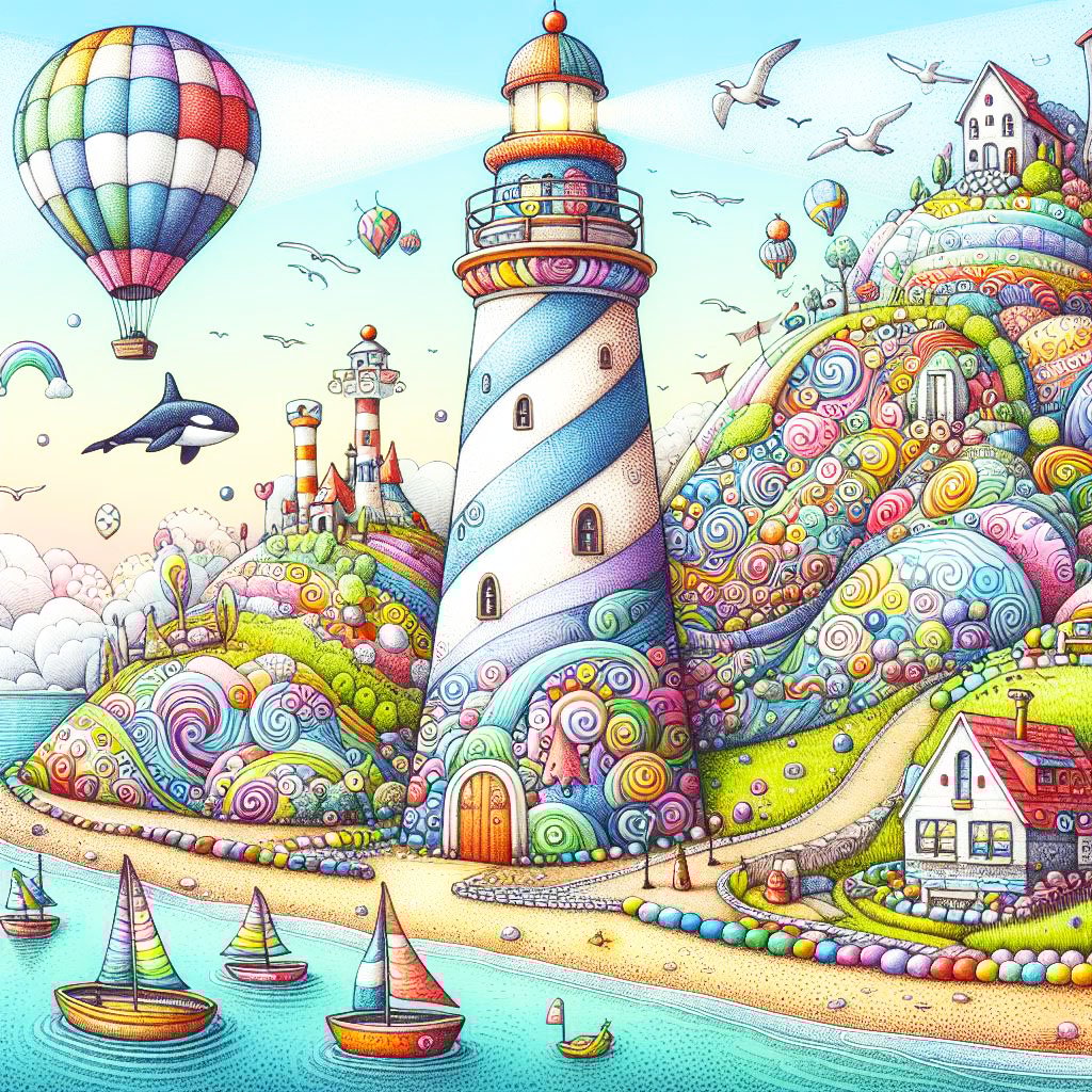 Colourful patterned lighthouse shining a light beam. Boats ride in a turquoise sea. There are whimsical houses made of swirly patterned marble on high hills & coloured pebble pathways. There is a beach & a killer whale leaping from the water & seagulls fl