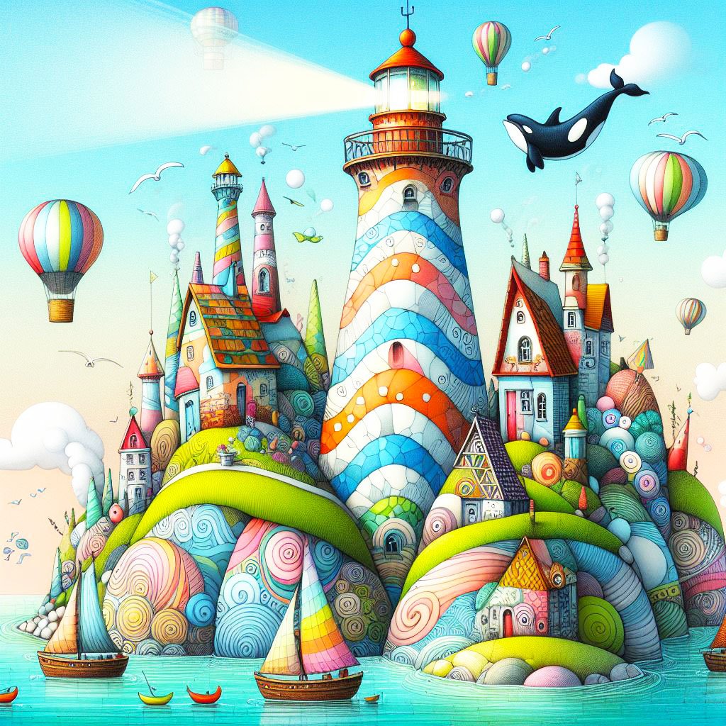 Colourful patterned lighthouse shining a light beam. Boats ride in a turquoise sea. There are whimsical houses made of swirly patterned marble on high hills & coloured pebble pathways. There is a beach & a killer whale leaping from the water & seagulls fl
