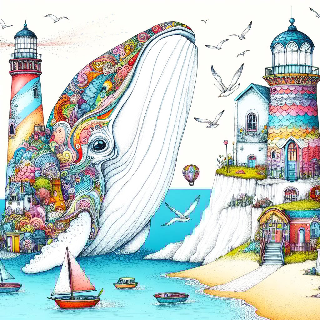 A white whale filled with bright patterns leaps from the water. There is a colourful lighthouse which has tiny houses with balcony gardens, & shines a light beam. Boats ride in a turbulent sea & there are whimsical houses on steep white cliffs. There is a