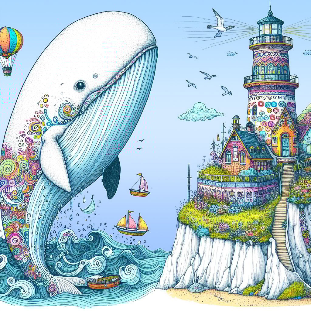 A white whale filled with bright patterns leaps from the water. There is a colourful lighthouse which has tiny houses with balcony gardens, & shines a light beam. Boats ride in a turbulent sea & there are whimsical houses on steep white cliffs. There is a