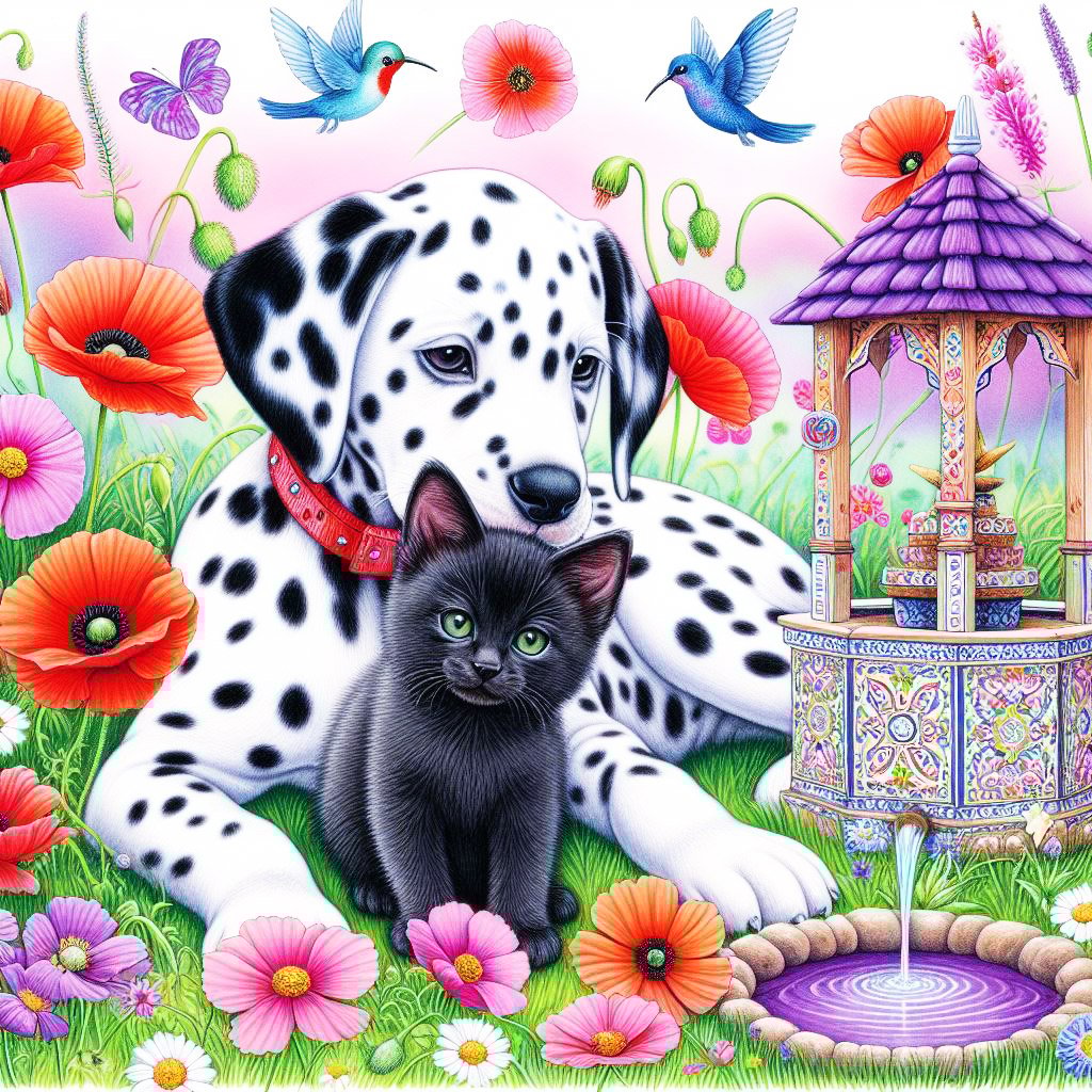A Dalmatian puppy and black kitten with a wishing well, poppies & humming birds