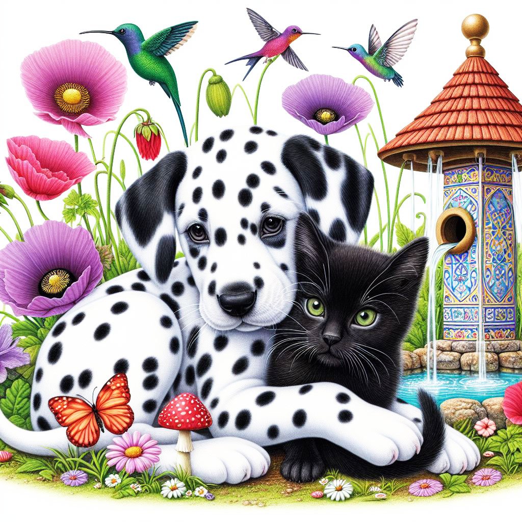 Dalmatian puppy and black kitten with a wishing well, poppies & humming birds